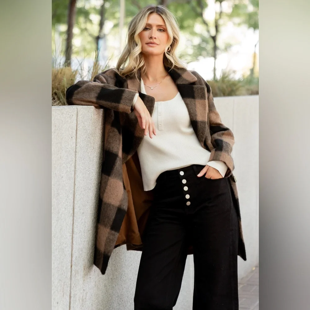 NEW Baltic Born Kirsti Coat Buffalo Check Plaid Brown Black Jacket Large - Picture 2 of 12